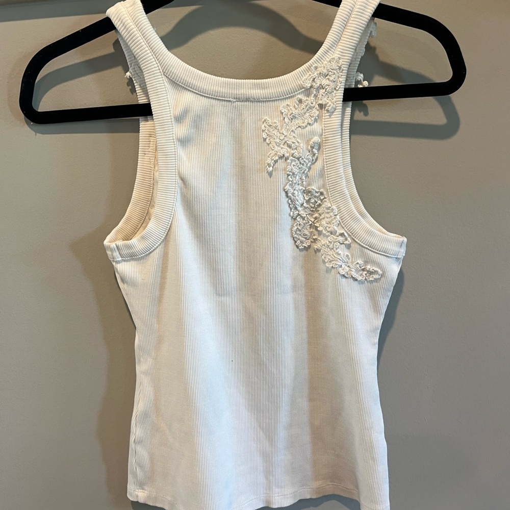 By Anthropologie Ivory The Pippah Lace Appliqué Tank Top Medium - Picture 9 of 10